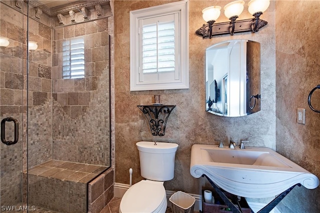 bathroom featuring sink, toilet, and walk in shower