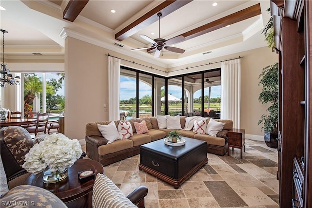 living room with beamed ceiling, ceiling fan with notable chandelier, and ornamental molding