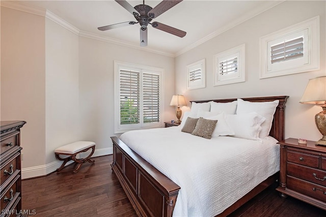 bedroom with ceiling fan, dark hardwood / wood-style floors, and ornamental molding