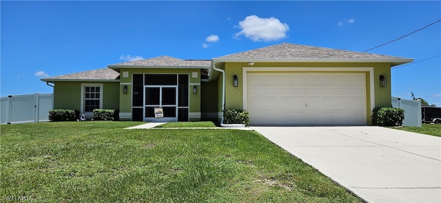 view of front of property with a front lawn and a garage