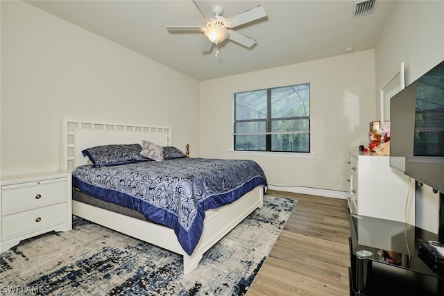 bedroom featuring ceiling fan and wood-type flooring