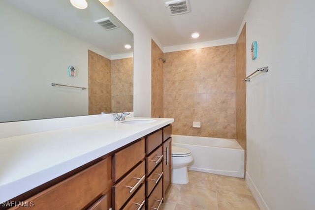 bathroom with visible vents, vanity, toilet, and bathing tub / shower combination