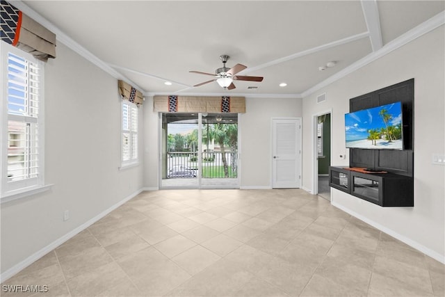 unfurnished living room featuring crown molding, ceiling fan, and light tile patterned flooring