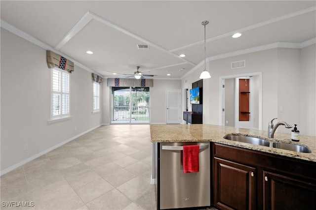 kitchen with sink, hanging light fixtures, stainless steel dishwasher, ceiling fan, and light stone countertops