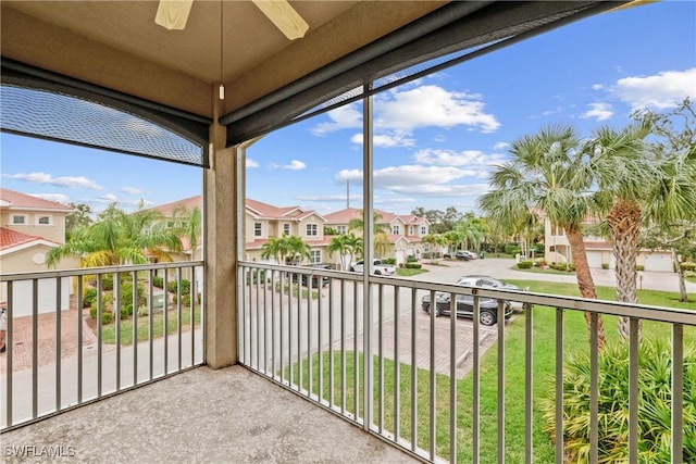 balcony featuring ceiling fan