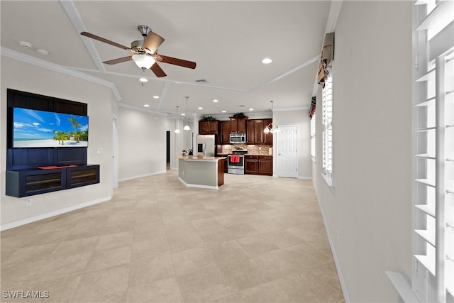 living room featuring ceiling fan and ornamental molding