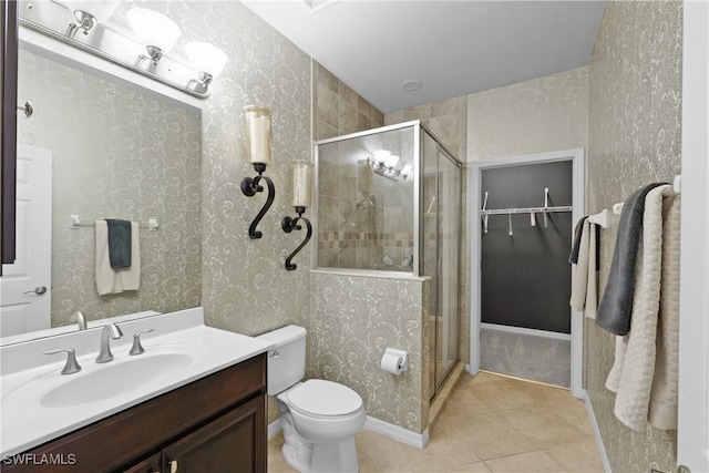 bathroom with tile patterned flooring, vanity, toilet, and an enclosed shower