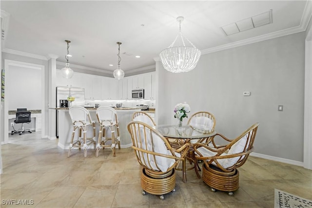 dining space with crown molding, light tile patterned flooring, and a chandelier