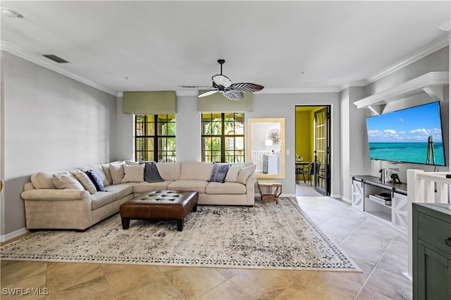 tiled living room featuring ceiling fan and ornamental molding