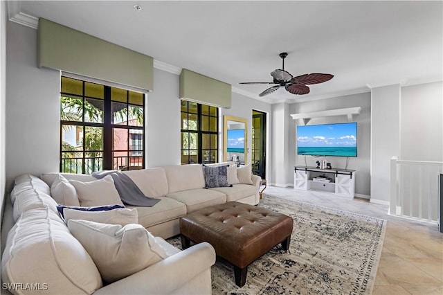 living room featuring ceiling fan, light tile patterned floors, and crown molding