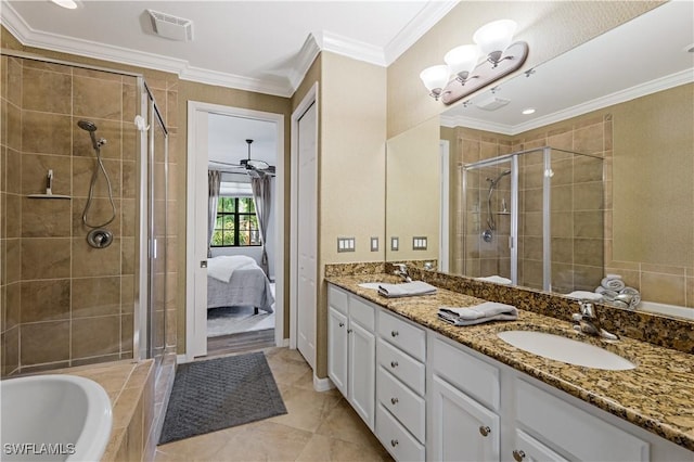 bathroom with vanity, tile patterned floors, crown molding, ceiling fan, and shower with separate bathtub