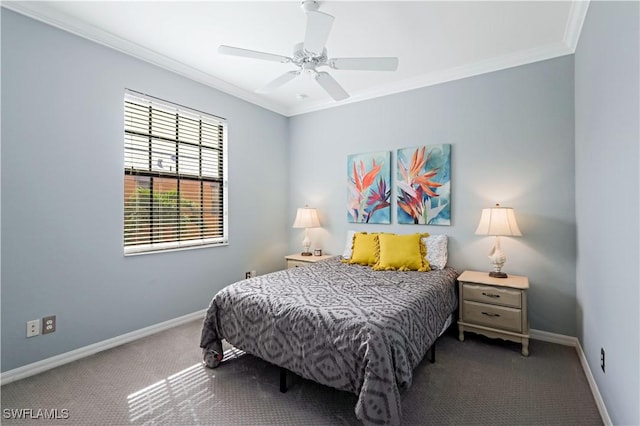 carpeted bedroom with ceiling fan and ornamental molding