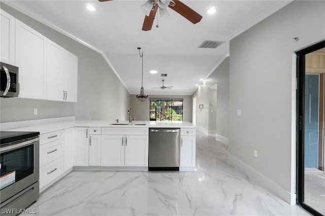 kitchen featuring white cabinetry, sink, kitchen peninsula, and stainless steel appliances