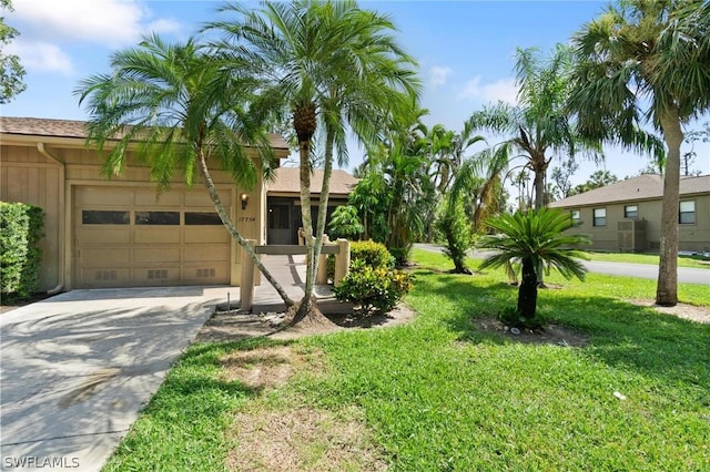 single story home with a garage and a front lawn