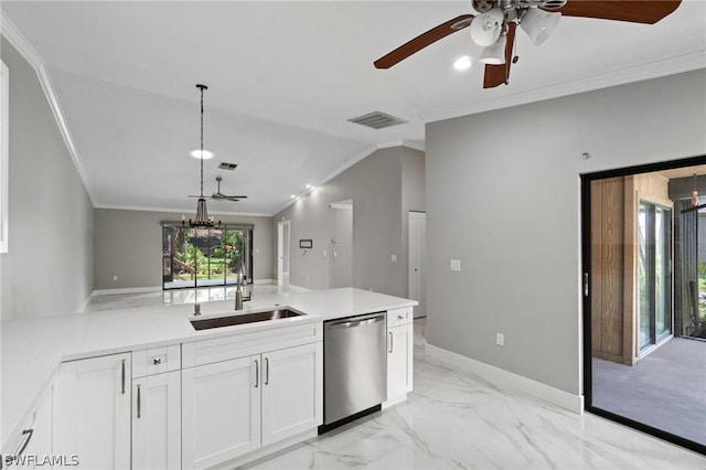 kitchen with dishwasher, white cabinetry, sink, and ornamental molding