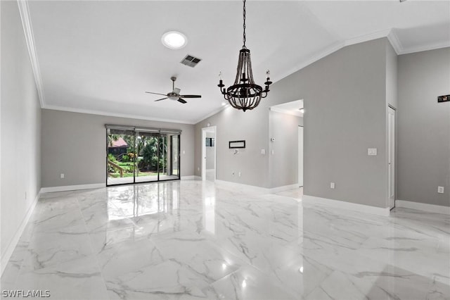 unfurnished room with ceiling fan with notable chandelier, ornamental molding, and lofted ceiling