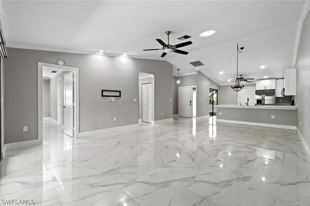 unfurnished living room with crown molding, ceiling fan, and lofted ceiling