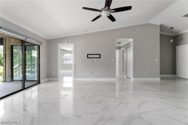 unfurnished room with vaulted ceiling, ceiling fan, and crown molding