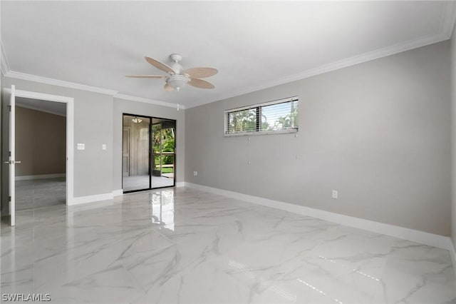 spare room with ceiling fan and ornamental molding