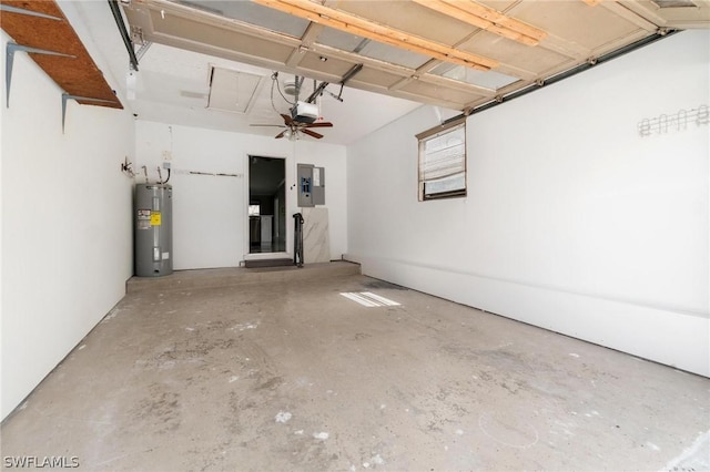 garage featuring ceiling fan, a garage door opener, electric panel, and water heater