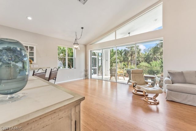 living room featuring a wealth of natural light, french doors, light hardwood / wood-style floors, and lofted ceiling