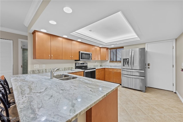 kitchen featuring ornamental molding, sink, kitchen peninsula, stainless steel appliances, and light stone countertops