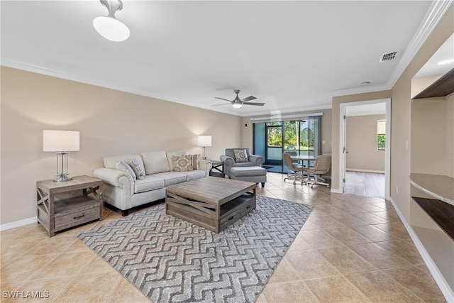 tiled living room with ceiling fan, baseboards, crown molding, and visible vents