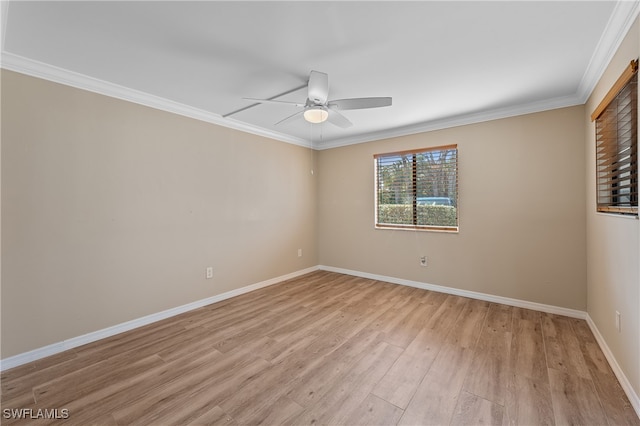 unfurnished room with crown molding, light hardwood / wood-style flooring, and ceiling fan