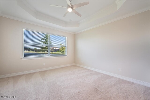 carpeted spare room featuring a raised ceiling, ceiling fan, and ornamental molding