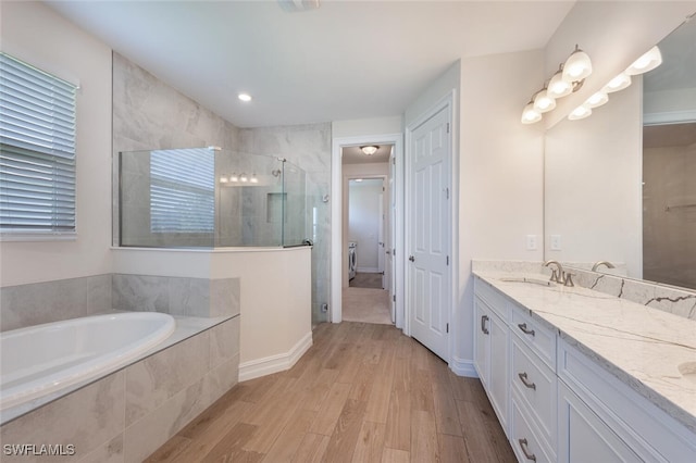 bathroom featuring vanity, separate shower and tub, and wood-type flooring