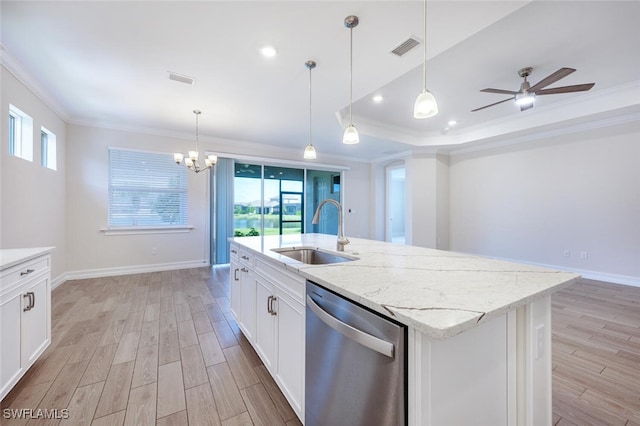 kitchen with dishwasher, sink, a center island with sink, white cabinets, and ceiling fan with notable chandelier