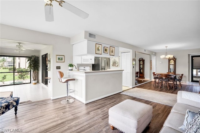 living room featuring ceiling fan with notable chandelier and wood-type flooring