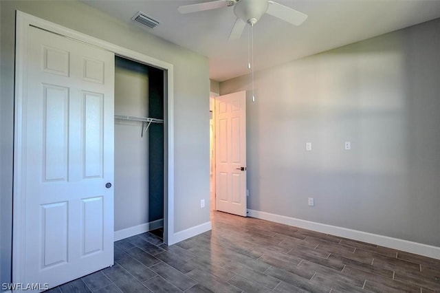 unfurnished bedroom featuring a closet and ceiling fan