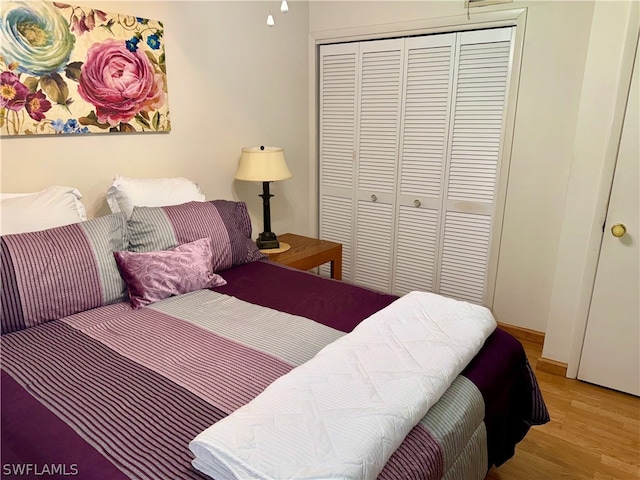 bedroom with hardwood / wood-style floors and a closet