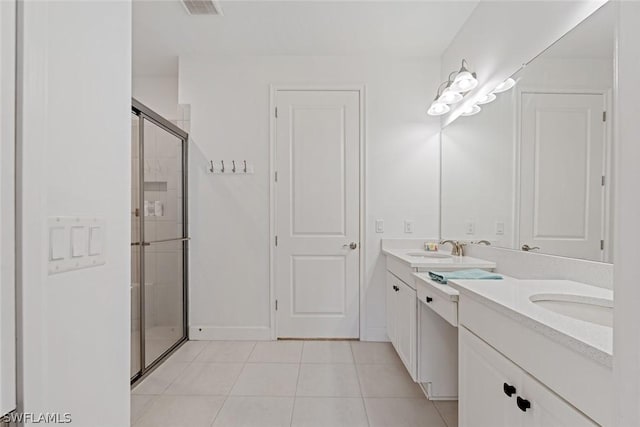 bathroom with visible vents, a stall shower, a sink, tile patterned flooring, and double vanity