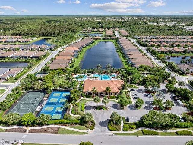 aerial view featuring a residential view and a water view