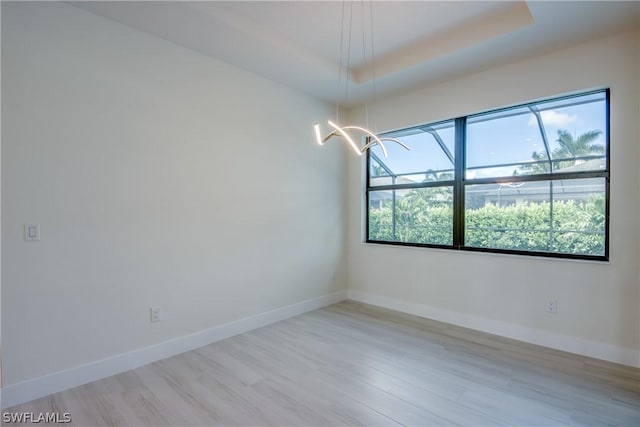 unfurnished room with light hardwood / wood-style floors and a tray ceiling