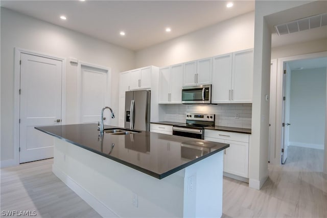 kitchen with sink, stainless steel appliances, white cabinets, and a center island with sink