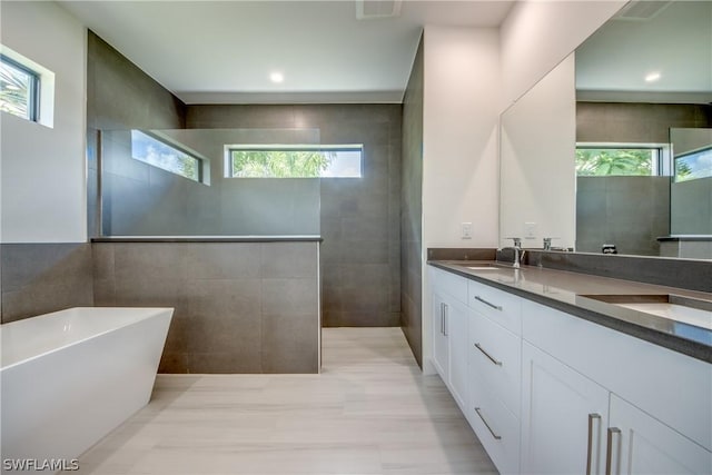 bathroom with vanity, tile walls, and plenty of natural light