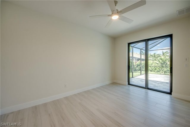 unfurnished room with ceiling fan and light hardwood / wood-style floors