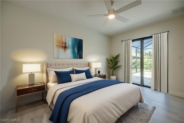 bedroom with light wood-type flooring, ceiling fan, and access to outside