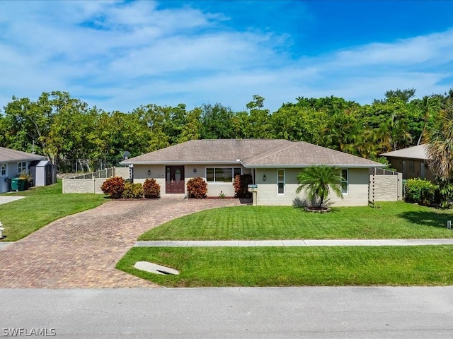 single story home featuring decorative driveway, a front yard, and fence