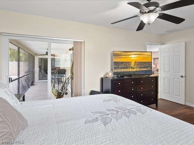 bedroom with hardwood / wood-style floors and ceiling fan