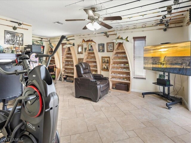 living room with ceiling fan