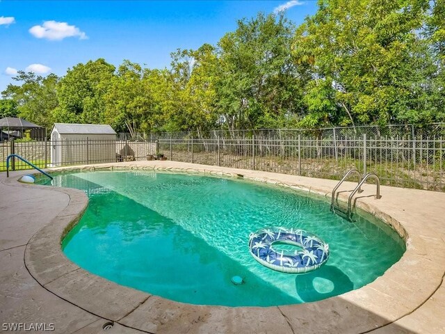 view of pool featuring a shed