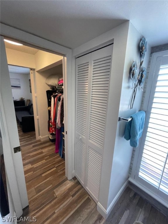 hallway with dark hardwood / wood-style flooring