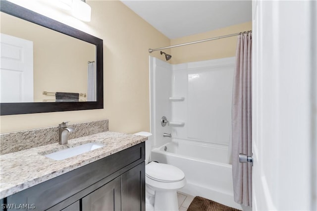 full bathroom featuring tile patterned flooring, vanity, shower / bath combination with curtain, and toilet