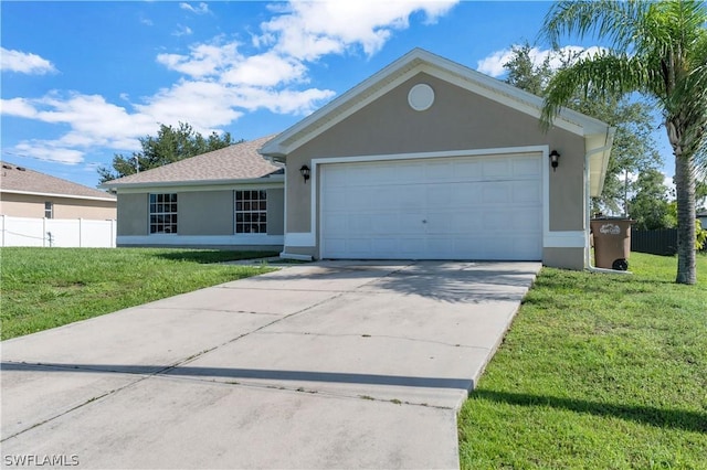 single story home with a garage and a front lawn