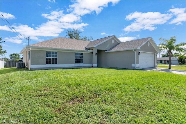 single story home featuring a garage, a front lawn, and central air condition unit