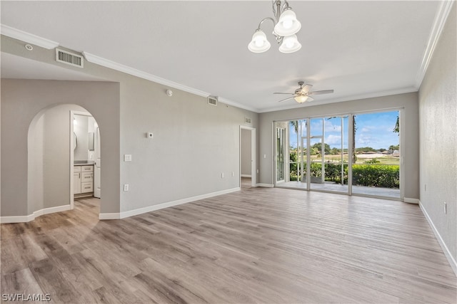 unfurnished living room featuring ceiling fan with notable chandelier, light hardwood / wood-style flooring, and ornamental molding